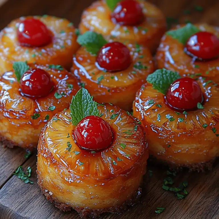 Tropische Freude: Mini-Ananaskuchen mit umgedrehter Oberseite ist ein verführerisches Dessert, das nicht nur den Gaumen erfreut, sondern auch das Auge anspricht. Diese kleinen Küchlein sind das perfekte Beispiel für eine harmonische Kombination aus frischen, saftigen Zutaten und einem zarten, fluffigen Teig. Mit ihrer goldgelben Farbe und dem süßen, fruchtigen Aroma bringen sie ein Stück tropisches Paradies auf jeden Tisch.