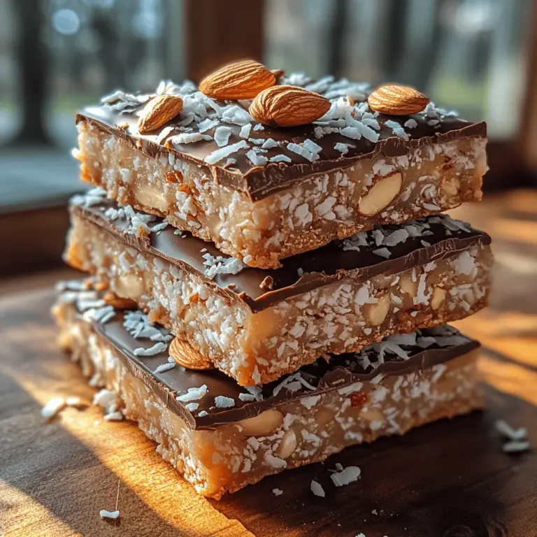 Die Almond Joy Kokosriegel sind eine köstliche Mischung aus süßer Kokosnuss, cremiger Mandelbutter und schokoladiger Glasur. Diese himmlischen Snacks sind nicht nur einfach zuzubereiten, sondern auch perfekt für jede Gelegenheit – sei es als Dessert nach dem Abendessen oder als süßer Snack für zwischendurch. Die Kombination aus zarter Kokosnuss und nussiger Mandelbutter, umhüllt von einer großzügigen Schicht Milchschokolade, macht diese Riegel zu einem unwiderstehlichen Genuss, der die Geschmacksknospen verwöhnt.