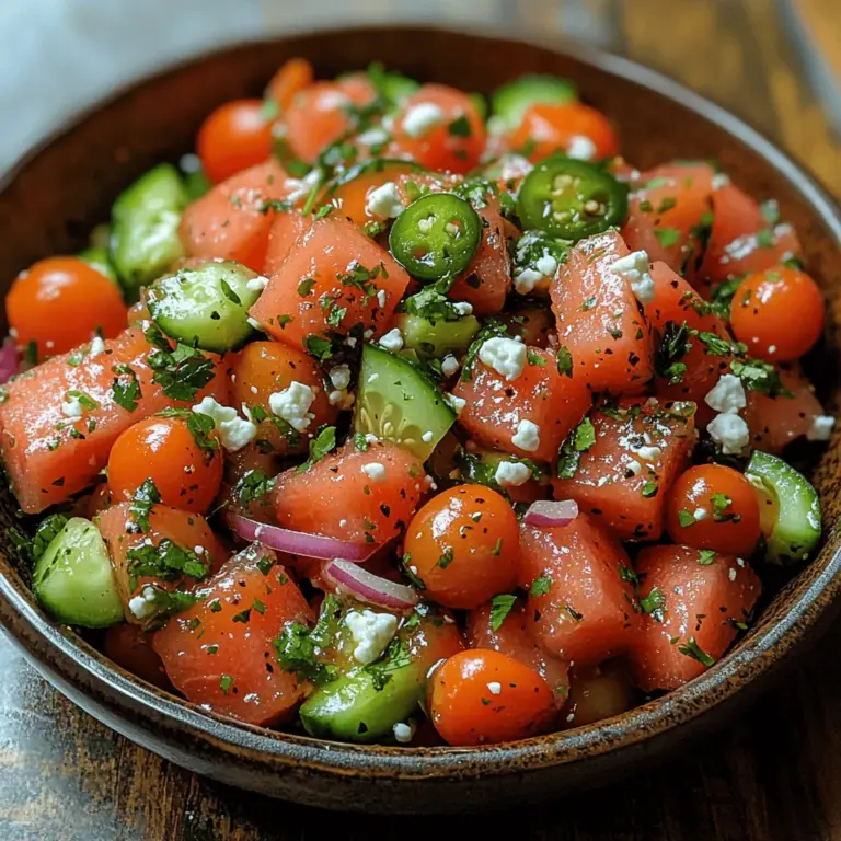 Der Erfrischende Mexikanische Wassermelonen-Salat ist nicht nur ein Gaumenschmaus, sondern auch ein wahres Fest für die Sinne. Mit seiner bunten Mischung aus knackigen Zutaten und dem süßen, saftigen Geschmack von Wassermelone bringt dieser Salat nicht nur Farbe auf den Tisch, sondern auch eine erfrischende Erleichterung an heißen Sommertagen.