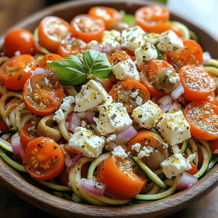 Der Mediterraner Feta-Tomaten-Zoodle-Salat ist nicht nur ein Genuss für den Gaumen, sondern auch eine gesunde Wahl für alle, die frische und leichte Küche lieben. In einer Zeit, in der immer mehr Menschen auf bewusste Ernährung achten, bietet dieser Salat eine perfekte Mischung aus Geschmack und Nährstoffen. Er kombiniert die knackige Textur von Zucchini-Nudeln, auch bekannt als Zoodles, mit der Süße von Kirschtomaten und dem salzigen Aroma von Feta-Käse. Dieser Salat ist ideal für warme Tage, als leichtes Mittagessen oder als Beilage zu gegrilltem Fleisch oder Fisch.