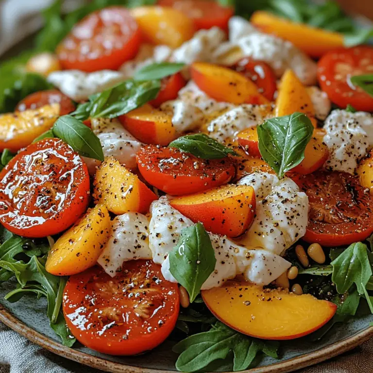 In der warmen Jahreszeit gibt es nichts Erfrischenderes und Leckereres als einen bunten Salat, der die Aromen des Sommers einfängt. Der Tomaten-Pfirsich-Burrata-Genuss vereint die Süße reifer Pfirsiche mit der Säure von Heirloom-Tomaten und der Cremigkeit von Burrata-Käse. Dieser Salat ist nicht nur ein Fest für die Sinne, sondern auch einfach zuzubereiten und perfekt für ein leichtes Mittagessen oder als Beilage zu einem Grillabend.