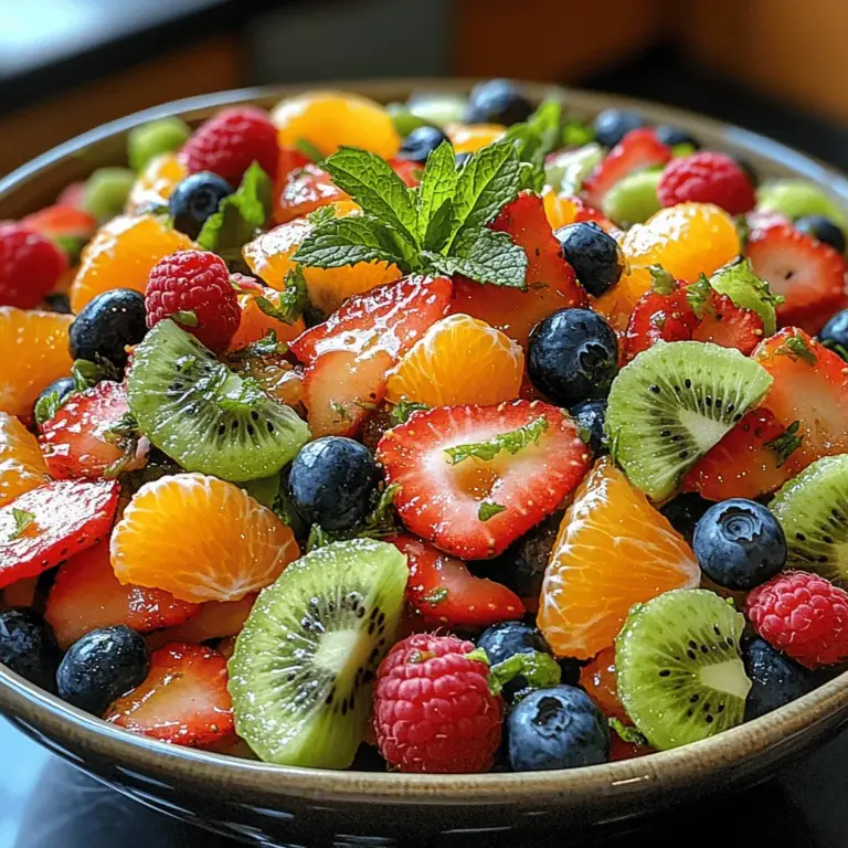 Der Zesty Citrus Mint Fruit Salad ist weit mehr als nur ein einfacher Obstsalat. Dieses Rezept vereint die saftigen Aromen von frischen Früchten mit einer spritzigen, aromatischen Note, die es zu einer perfekten Wahl für jede Gelegenheit macht. Egal, ob Sie eine Gartenparty planen, sich ein leichtes Mittagessen gönnen oder einfach nur den frischen Geschmack des Sommers genießen möchten – dieser Obstsalat wird sicherlich die Herzen Ihrer Gäste erobern und eignet sich hervorragend als gesunde Snack-Option.