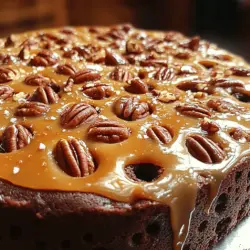 Die Grundlage des Gooey Caramel Turtle Poke Cake bildet ein einfacher Schokoladenkuchenmix. Hierbei handelt es sich um eine praktische und zeitsparende Option, die Ihnen hilft, schnell einen köstlichen Kuchen zuzubereiten. Sie benötigen eine Box (15,25 oz) Schokoladenkuchenmix, die Sie mit den auf der Verpackung angegebenen Zutaten wie Eiern, Öl und Wasser kombinieren. Um die schokoladige Intensität zu verstärken, werden zusätzlich 1 Tasse semi-süße Schokoladenstückchen unter den Teig gehoben. Diese kleinen Schokoladenstückchen schmelzen beim Backen leicht und sorgen für einen besonders schokoladigen Geschmack, der jeden Schokoladenliebhaber begeistern wird.