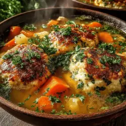 Hausgemachtes Hähnchen mit Kräuterdumplings ist nicht nur ein echter Genuss, sondern auch ein Klassiker der herzhaften Küche, der in vielen Haushalten für Gemütlichkeit und Wohlbefinden sorgt. Dieses Gericht kombiniert zarte Hähnchenschenkel in einer aromatischen Brühe mit fluffigen, frisch zubereiteten Dumplings, die mit einer Vielzahl von Kräutern verfeinert sind. Die Kombination aus saftigem Hähnchen und luftigen Dumplings macht dieses Rezept zu einem perfekten Comfort Food für jede Jahreszeit.