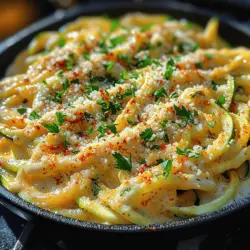 Die cremige Alfredo Zoodle-Pfanne ist eine köstliche und gesunde Variante des klassischen Pasta-Gerichts, das nicht nur geschmacklich überzeugt, sondern auch eine Vielzahl an Nährstoffen bietet. Dieses Rezept ist ideal für alle, die auf eine ausgewogene Ernährung achten und gleichzeitig nicht auf den Genuss einer cremigen Sauce verzichten möchten. Mit frischen Zucchini, die als Zoodles (Zucchini-Nudeln) dienen, wird dieses Gericht leicht und bekömmlich, während die Parmesan-Sahne-Sauce für den typischen Alfredo-Geschmack sorgt.