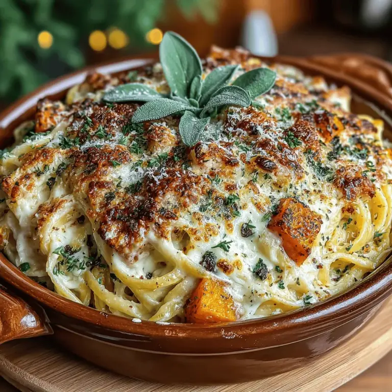 Der herzhafte Butternut-Kürbis Alfredo-Auflauf ist ein Gericht, das die Aromen des Herbstes in jeder Gabel vereint. Dieses Rezept kombiniert die Süße des gerösteten Butternut-Kürbisses mit der Cremigkeit einer hausgemachten Alfredo-Sauce, die mit frisch geriebenem Parmesan und Mozzarella verfeinert wird. Der Auflauf ist nicht nur ein Genuss für den Gaumen, sondern auch ein Fest für die Augen, das sich ideal für gemütliche Familienessen oder festliche Anlässe eignet. Die Kombination aus Pasta, frischem Gemüse und aromatischen Kräutern macht dieses Gericht zu einer beliebten Wahl in vielen Küchen.