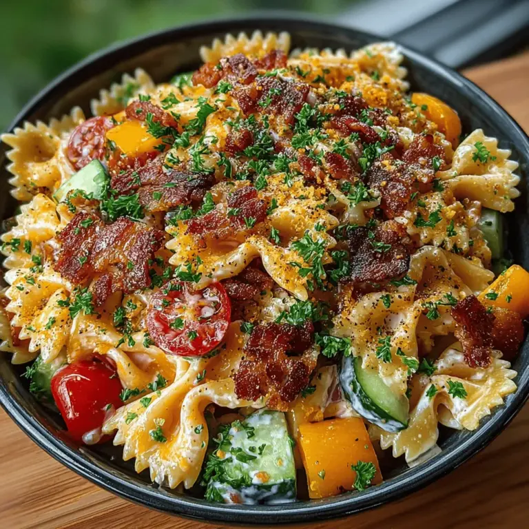 Der Bacon Ranch Pasta-Salat ist nicht nur ein einfacher, sondern auch ein äußerst beliebter Klassiker, der in der weltweiten Küche seinen Platz gefunden hat. Diese herzhaft-cremige Salat-Variante kombiniert die Aromen von knusprigem Bacon, frischem Gemüse und einem würzigen Ranch-Dressing, was sie zu einer perfekten Beilage für Grillpartys, Picknicks oder als erfrischendes Mittagessen macht. Die Kombination aus Pasta, frischem Gemüse und dem unverwechselbaren Geschmack des Ranch-Dressings bringt ein neues Geschmackserlebnis auf den Tisch und lässt sich zudem leicht an die persönlichen Vorlieben anpassen.