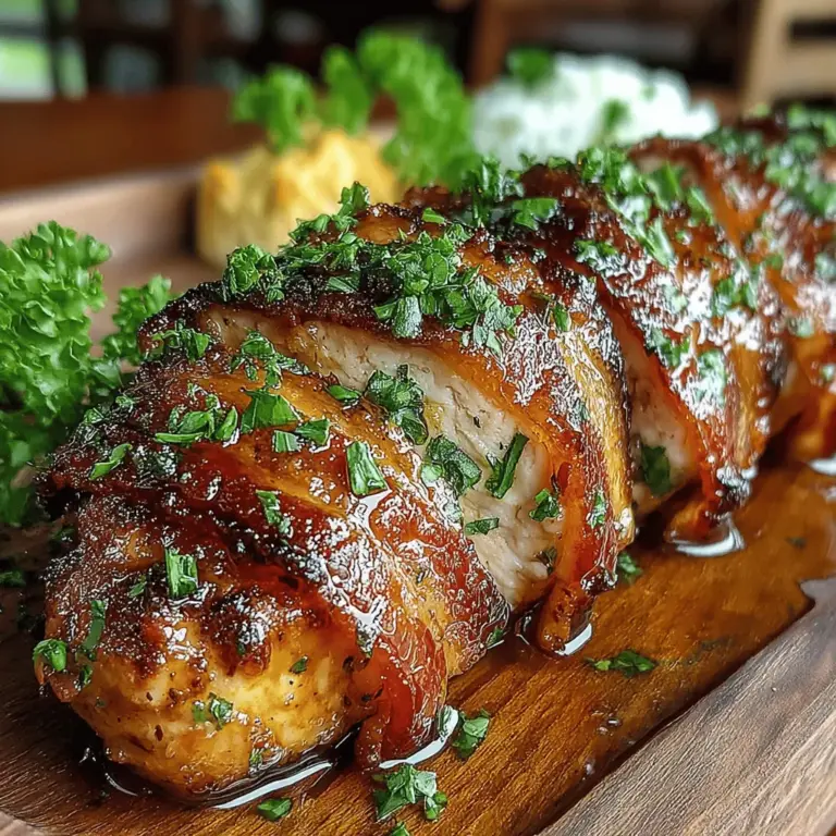 Das Rezept für *Bacon-umwicktes Hähnchen mit Honigglasur* ist eine kulinarische Kombination, die sowohl Fleischliebhaber als auch Feinschmecker begeistert. Die knusprige Bacon-Hülle um die zarten Hähnchenbrustfilets, gepaart mit einer süßlichen Honigglasur, schafft eine Geschmacksexplosion, die perfekt für Familienessen oder besondere Anlässe ist. Dieses Gericht vereint die herzhaften Aromen von Bacon mit der Süße des Honigs und dem scharfen Kick des Dijon-Senfs, was es zu einem absoluten Highlight auf jedem Esstisch macht.