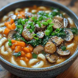 Das Rezept für Erdige Miso Pilz Udon ist nicht nur ein einfaches Gericht, sondern eine köstliche Ode an die japanische Küche, die sowohl für ihre Aromen als auch für ihre gesundheitlichen Vorteile geschätzt wird. Udon-Nudeln sind bekannt für ihre zähe, aber dennoch zarte Konsistenz, die sie zu einer perfekten Basis für herzhafte Suppen macht. In Kombination mit der tiefen, reichen Note der Misopaste und einer Vielzahl von frischen Pilzen entsteht ein Gericht, das nicht nur sättigend ist, sondern auch eine Fülle von Umami-Geschmack bietet.