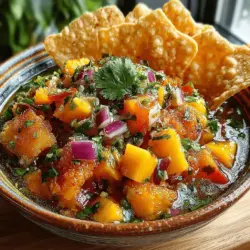 Die Tropische Tango Salsa ist nicht nur ein Genuss für den Gaumen, sondern auch ein Fest für die Sinne. Diese fruchtige Salsa kombiniert die Süße von reifen Mangos und Pfirsichen mit der Schärfe von Jalapeños und der Frische von Limette und Koriander. Sie ist das perfekte Begleitgericht für sommerliche Grillpartys, leichte Snacks oder einfach als gesunde Beilage zu jedem Gericht.
