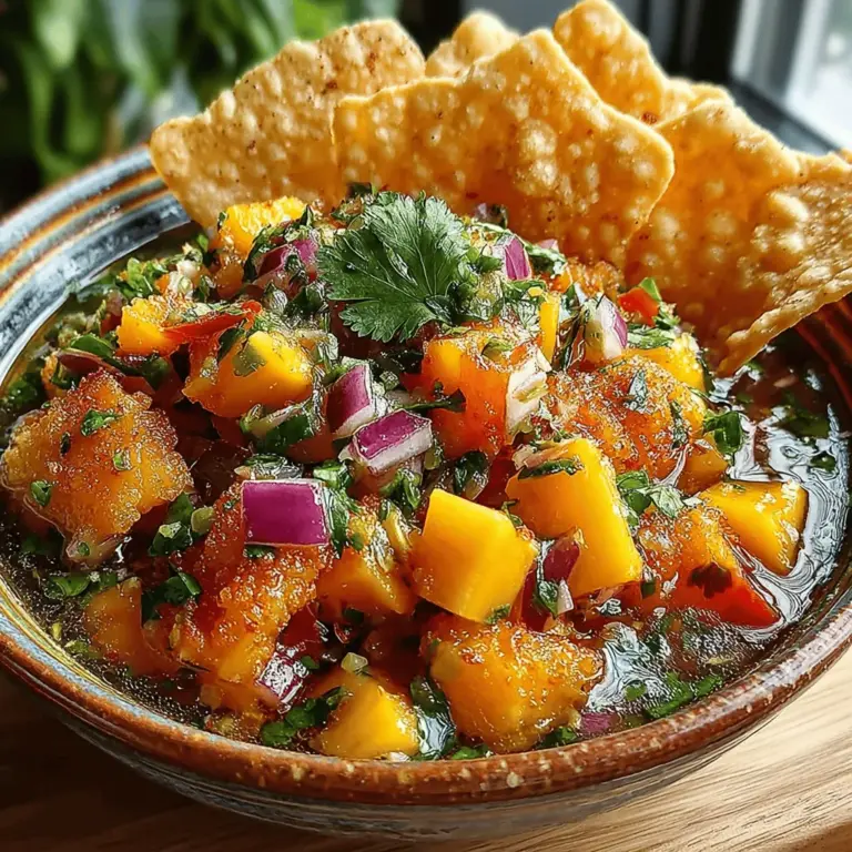 Die Tropische Tango Salsa ist nicht nur ein Genuss für den Gaumen, sondern auch ein Fest für die Sinne. Diese fruchtige Salsa kombiniert die Süße von reifen Mangos und Pfirsichen mit der Schärfe von Jalapeños und der Frische von Limette und Koriander. Sie ist das perfekte Begleitgericht für sommerliche Grillpartys, leichte Snacks oder einfach als gesunde Beilage zu jedem Gericht.