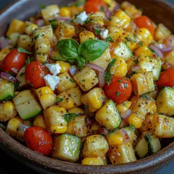 Süßer Mais- und Zucchinisalat ist ein köstliches und nahrhaftes Gericht, das besonders in den warmen Monaten unausweichlich ist. Dieses Rezept erfreut sich großer Beliebtheit, da es nicht nur einfach zuzubereiten ist, sondern auch eine Vielzahl von Aromen und Texturen in jedem Bissen vereint. Die süße Frische des Maises harmoniert perfekt mit der knackigen Zucchini und den saftigen Cherry-Tomaten, während der zarte Basilikum und der cremige Feta-Käse dem Salat eine besondere Note verleihen. Ob als Beilage zu Grillgerichten oder als leichtes Hauptgericht an einem heißen Sommertag – dieser Salat ist eine wahre Gaumenfreude.