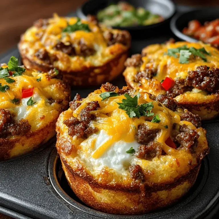 Der Mini Frühstück Taco Auflauf Bissen ist ein köstliches und vielseitiges Rezept, das die besten Aromen eines traditionellen Frühstücks in einer praktischen und schmackhaften Form vereint. Diese kleinen Portionen sind perfekt für ein schnelles Frühstück, einen Brunch oder sogar als Snack zur Party. Die Kombination aus würziger Frühstückswurst, frischem Gemüse und cremigen Eiern, alles verpackt in knusprigen Mini-Tortillas, macht jedes Bissen zu einem Genuss.