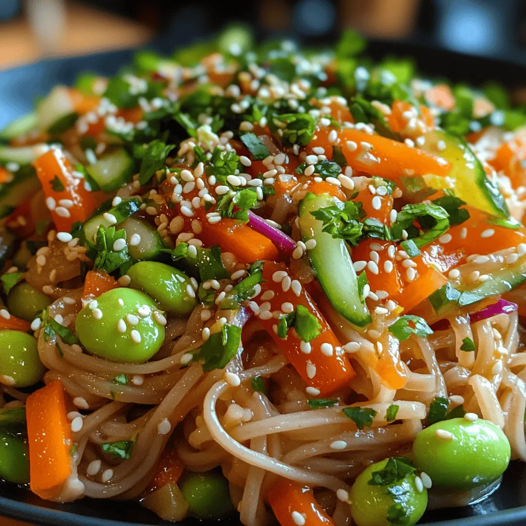 - 225 g Soba-Nudeln (oder Ihre bevorzugten Nudeln) - 1 Tasse geraspelte Karotten - 1 Tasse rote Paprika, dünn geschnitten - 1 Tasse Gurke, in feine Streifen geschnitten - 125 g Edamame, geschält - ½ Tasse grüne Zwiebeln, gehackt - ¼ Tasse frischer Koriander, gehackt - ¼ Tasse Sesamsamen - ½ Tasse rote Kabis, fein gerebelt