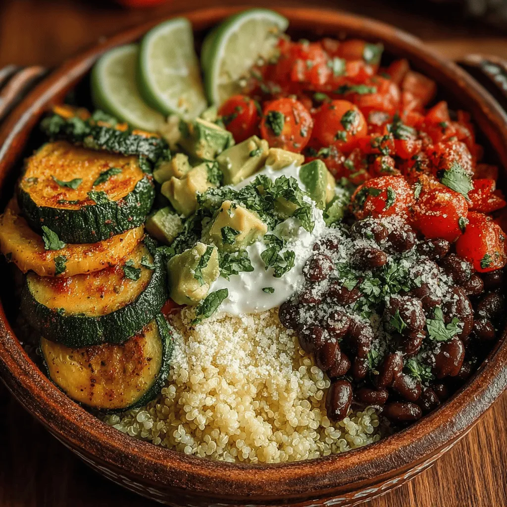 - 1 Tasse Quinoa, gut abgespült - 2 Tassen Gemüsebrühe oder Wasser - 1 Dose (425 g) schwarze Bohnen, gut abgespült und abgetropft - 1 Tasse Maiskörner (frisch, aus der Dose oder gefroren) - 1 rote Paprika, gewürfelt - 1 mittelgroße Zucchini, gewürfelt - 1 Tasse Kirschtomaten, halbiert - 1 Avocado, gewürfelt - 1/2 Tasse rote Zwiebel, fein gehackt - 1 Teelöffel Kreuzkümmel - 1 Teelöffel Chilipulver - Salz und Pfeffer nach Geschmack - 1 Tasse frischer Koriander, gehackt - Saft von 2 Limetten - Salsa (zum Servieren) - Griechischer Joghurt oder saure Sahne (optional, zum Servieren)