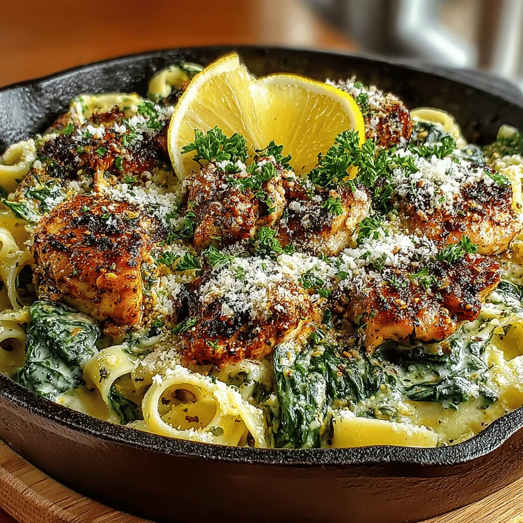 - 225 g Fettuccine-Nudeln - 2 Hähnchenbrustfilets ohne Haut und Knochen, in mundgerechte Stücke geschnitten - 3 Tassen frischer Spinat, gewaschen und trocken geschleudert - 60 g ungesalzene Butter - 4 Knoblauchzehen, gehackt - 1 TL rote Pfefferflocken (nach Geschmack anpassen) - 125 ml geriebener Parmesan-Käse - Salz und Pfeffer nach Geschmack - 2 EL Olivenöl - Saft von 1 Zitrone - Frische Petersilie, gehackt (zum Garnieren)