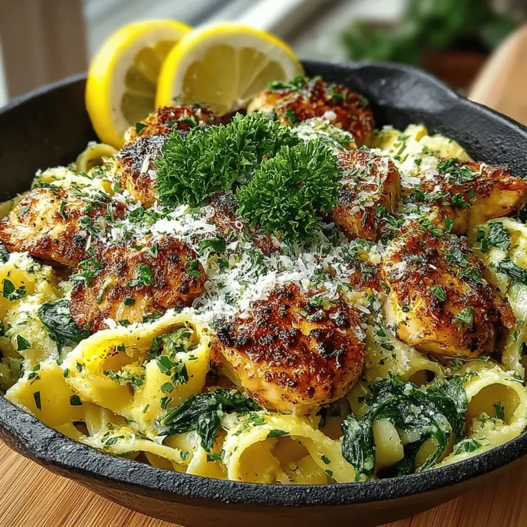 - 225 g Fettuccine-Nudeln - 2 Hähnchenbrustfilets ohne Haut und Knochen, in mundgerechte Stücke geschnitten - 3 Tassen frischer Spinat, gewaschen und trocken geschleudert - 60 g ungesalzene Butter - 4 Knoblauchzehen, gehackt - 1 TL rote Pfefferflocken (nach Geschmack anpassen) - 125 ml geriebener Parmesan-Käse - Salz und Pfeffer nach Geschmack - 2 EL Olivenöl - Saft von 1 Zitrone - Frische Petersilie, gehackt (zum Garnieren)