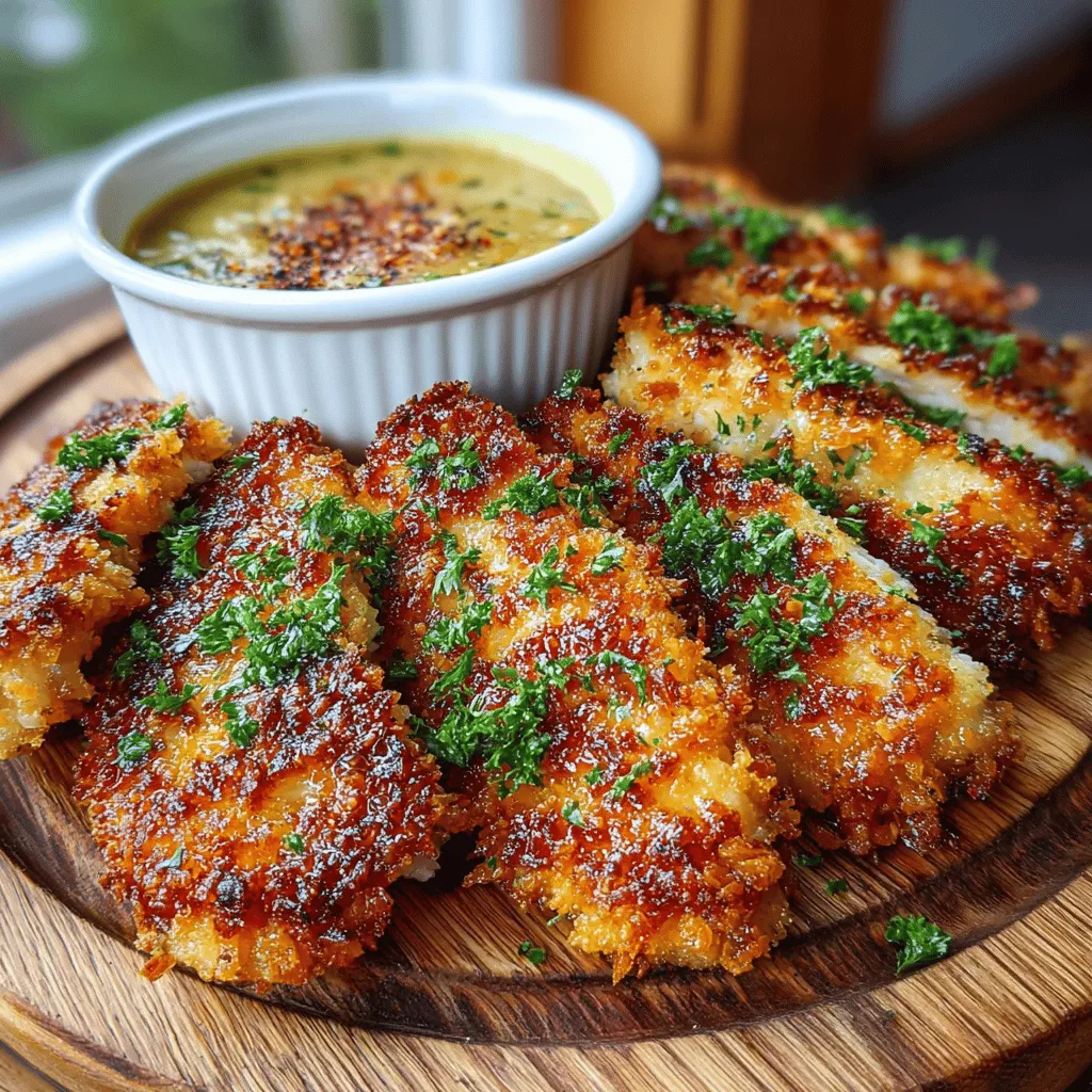 Für die Hähnchenstreifen: - 450 g Hähnchenbrust, in Streifen geschnitten - 120 g Weizenmehl - 1 Teelöffel Knoblauchpulver - 1 Teelöffel Paprika - 1 Teelöffel Salz - ½ Teelöffel schwarzer Pfeffer - 2 große Eier - 120 g Paniermehl (Panko für zusätzlichen Crunch) - Pflanzenöl zum Frittieren