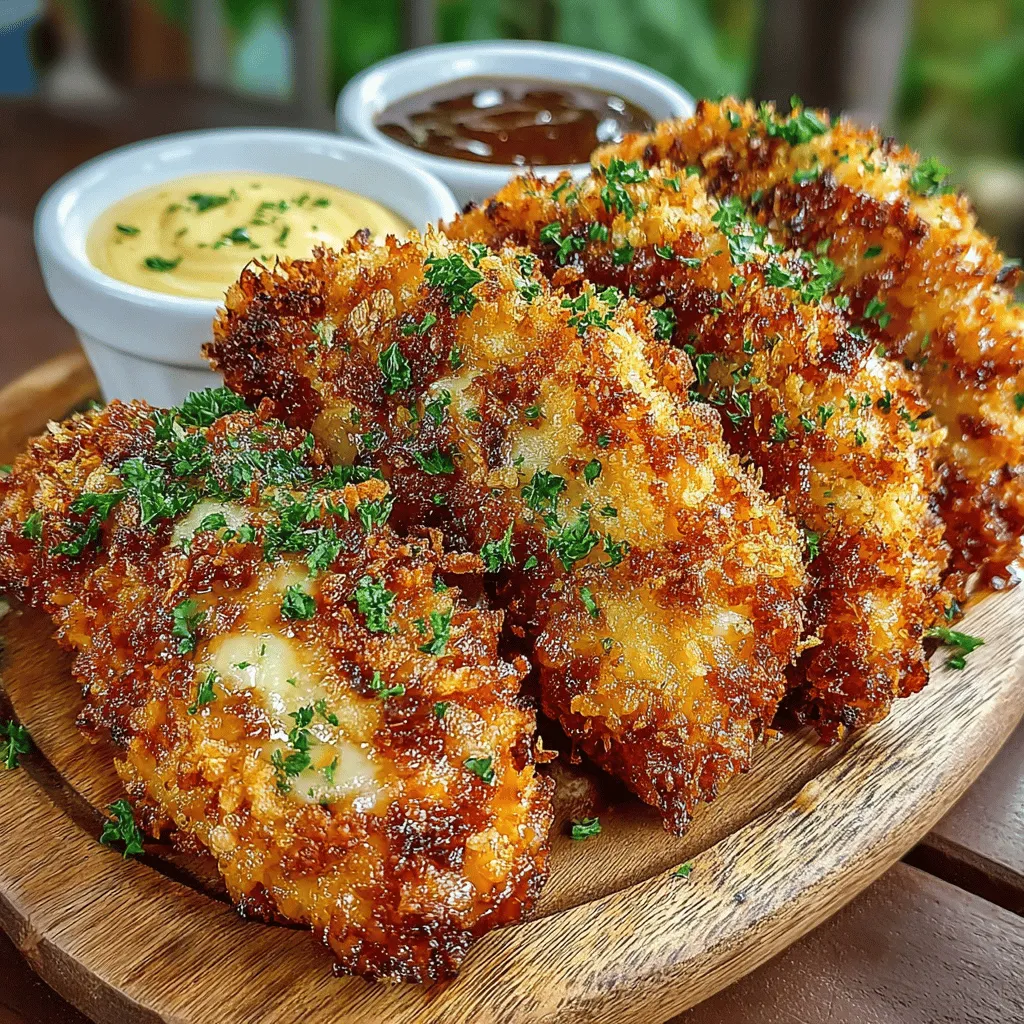 Für die Hähnchenstreifen: - 450 g Hähnchenbrust, in Streifen geschnitten - 240 ml Buttermilch - 1 Teelöffel Knoblauchpulver - 1 Teelöffel Zwiebelpulver - 1 Teelöffel Paprika - 1 Teelöffel Salz - ½ Teelöffel schwarzer Pfeffer - 120 g Allzweckmehl - 120 g Paniermehl (am besten Panko für extra Knusprigkeit) - 2 große Eier, verquirlt - Öl zum Frittieren (z.B. Raps- oder Pflanzenöl)
