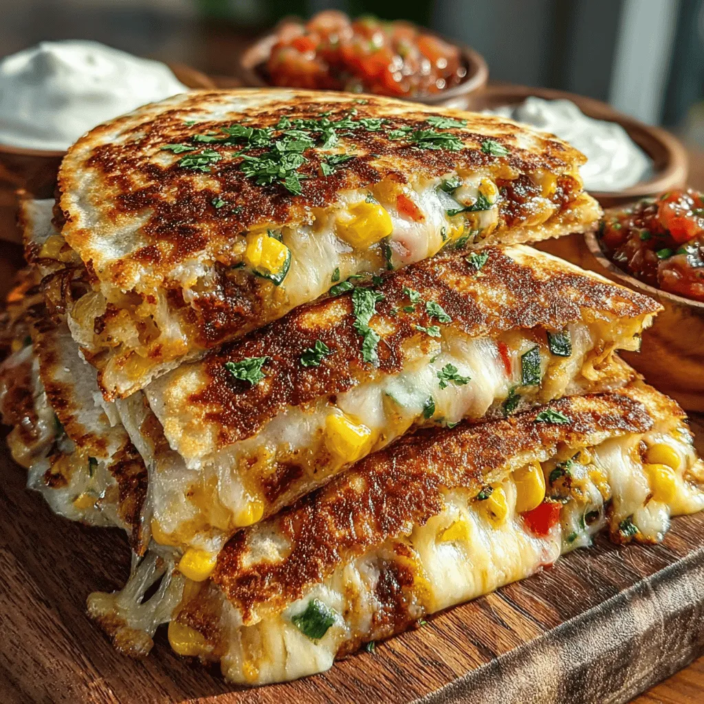 - 4 große Weizentortillas - 1 Tasse geriebener Monterey Jack Käse - 1 Tasse geriebener Cheddar Käse - 1 Tasse schwarze Bohnen, abgespült und abgetropft - 1 kleine Zucchini, gewürfelt - 1 kleine Paprika (rot oder gelb), gewürfelt - 1 Tasse Maiskörner (frisch oder gefroren) - 1 kleine rote Zwiebel, fein gehackt - 2 Knoblauchzehen, gehackt - 1 Teelöffel Kreuzkümmel - 1 Teelöffel Paprika - 1 Esslöffel Olivenöl - Salz und Pfeffer nach Geschmack - Frischer Koriander, gehackt (zum Garnieren) - Sauerrahm und Salsa (zum Servieren)