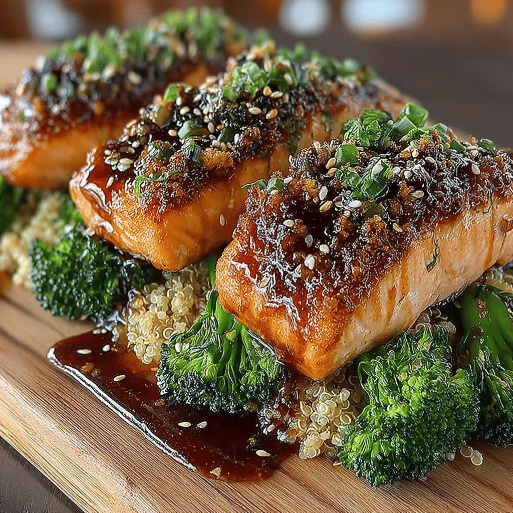 - 4 Lachsfilets (ca. 170 g jedes) - 120 ml Teriyaki-Sauce - 2 Esslöffel Olivenöl - 1 Esslöffel Honig (optional für zusätzliche Süße) - 1 Knoblauchzehe, fein gehackt - 1 Teelöffel frischer oder gemahlener Ingwer, gerieben - 1 Esslöffel Sesamkörner (zum Garnieren) - 2 Tassen Brokkoliröschen - Salz und Pfeffer nach Geschmack - Gekochter Reis oder Quinoa zum Servieren (optional)