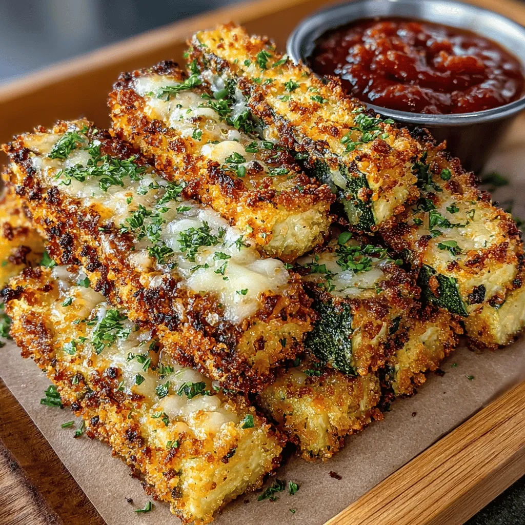 - 2 mittelgroße Zucchini, in Streifen geschnitten - 1 Tasse Semmelbrösel (vorzugsweise Panko für extra Knusprigkeit) - ½ Tasse geriebener Parmesan - 1 Teelöffel Knoblauchpulver - ½ Teelöffel Paprika - ½ Teelöffel Zwiebelpulver - ¼ Teelöffel schwarzer Pfeffer - 2 große Eier - ½ Tasse Weizenmehl - Sprühöl oder Olivenöl zum Bestreichen